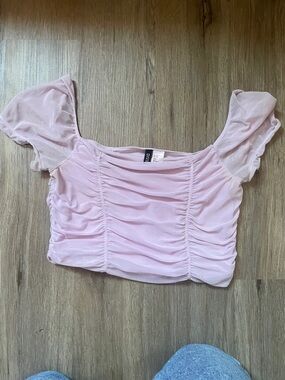 Divided Blush Pink Ruched Mesh Puff Sleeve Crop Top
